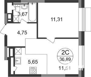 2-к квартира, строящийся дом, 37м2, 17/22 этаж