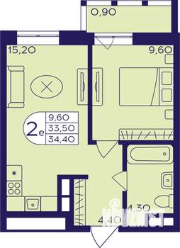 2-к квартира, строящийся дом, 34м2, 9/22 этаж