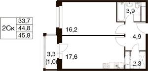 1-к квартира, вторичка, 46м2, 17/18 этаж