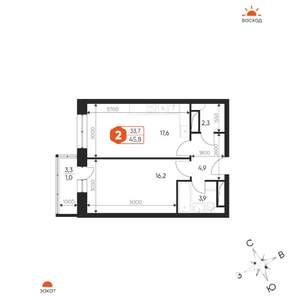 2-к квартира, вторичка, 46м2, 12/17 этаж