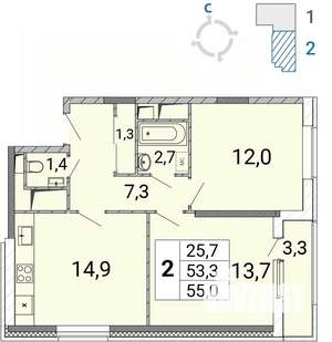 2-к квартира, сданный дом, 55м2, 12/17 этаж