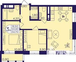 3-к квартира, строящийся дом, 55м2, 22/22 этаж
