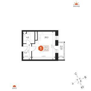 1-к квартира, строящийся дом, 30м2, 13/17 этаж