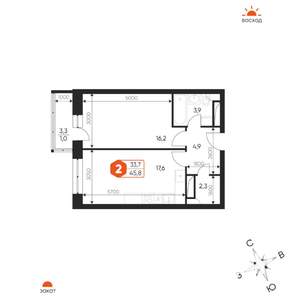 2-к квартира, вторичка, 46м2, 13/17 этаж