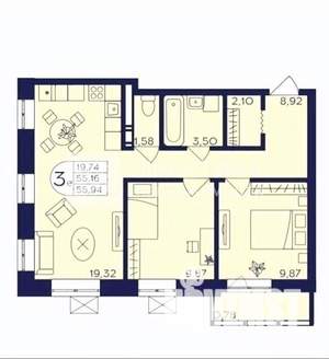 2-к квартира, вторичка, 51м2, 6/17 этаж