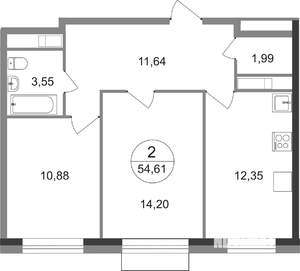 2-к квартира, строящийся дом, 55м2, 19/22 этаж