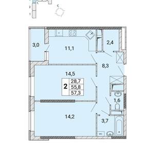 2-к квартира, сданный дом, 57м2, 10/18 этаж