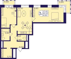 3-к квартира, вторичка, 62м2, 6/23 этаж