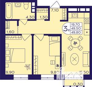 3-к квартира, строящийся дом, 50м2, 3/17 этаж