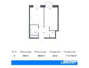 2-к квартира, строящийся дом, 34м2, 22/22 этаж