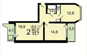 2-к квартира, вторичка, 64м2, 14/17 этаж