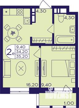 2-к квартира, строящийся дом, 35м2, 6/17 этаж