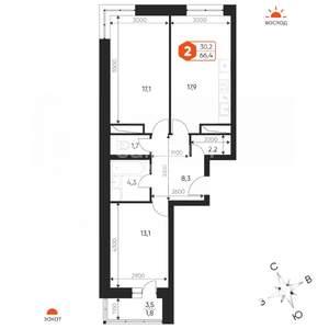 3-к квартира, вторичка, 66м2, 14/17 этаж