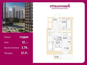 Студия квартира, вторичка, 22м2, 12/17 этаж