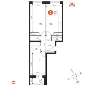 3-к квартира, вторичка, 66м2, 13/17 этаж