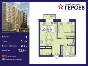 1-к квартира, вторичка, 33м2, 5/17 этаж