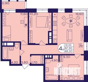 4-к квартира, строящийся дом, 68м2, 9/22 этаж
