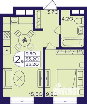 2-к квартира, строящийся дом, 33м2, 4/22 этаж