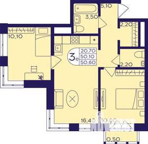 3-к квартира, строящийся дом, 51м2, 9/23 этаж