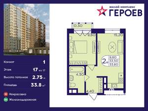1-к квартира, вторичка, 34м2, 17/17 этаж