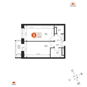 2-к квартира, строящийся дом, 46м2, 10/17 этаж
