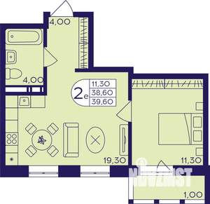 2-к квартира, строящийся дом, 40м2, 6/17 этаж