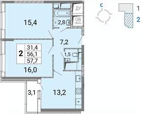 2-к квартира, сданный дом, 58м2, 13/17 этаж