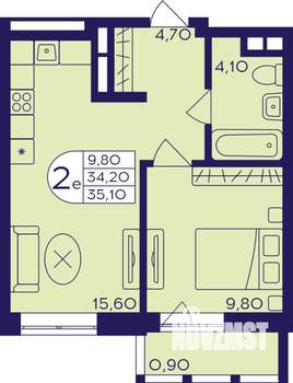2-к квартира, строящийся дом, 35м2, 10/22 этаж