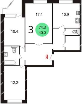 3-к квартира, вторичка, 74м2, 5/16 этаж