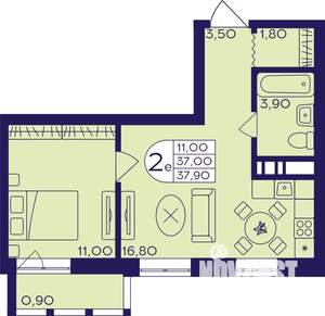 2-к квартира, строящийся дом, 38м2, 13/22 этаж