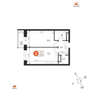 2-к квартира, строящийся дом, 46м2, 8/17 этаж