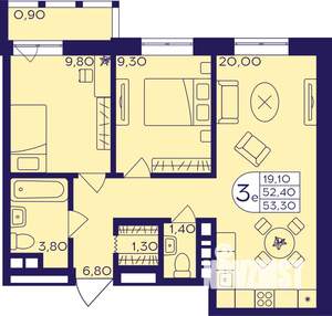 3-к квартира, строящийся дом, 53м2, 9/22 этаж
