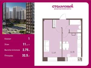 1-к квартира, вторичка, 33м2, 11/17 этаж