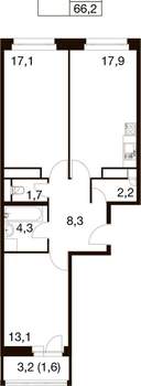 3-к квартира, вторичка, 66м2, 4/17 этаж