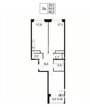 2-к квартира, сданный дом, 66м2, 9/17 этаж
