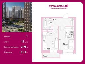 1-к квартира, вторичка, 32м2, 17/17 этаж
