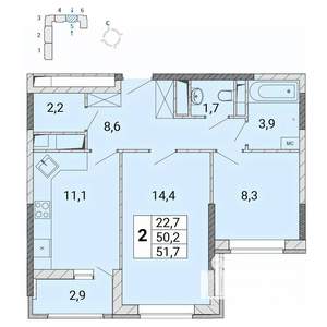 2-к квартира, сданный дом, 52м2, 5/17 этаж