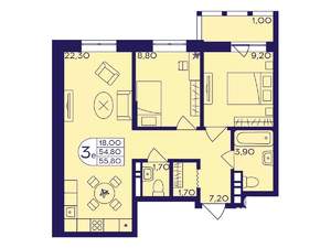 2-к квартира, вторичка, 56м2, 7/17 этаж