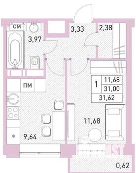 1-к квартира, вторичка, 31м2, 7/17 этаж