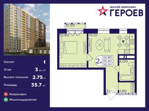 1-к квартира, вторичка, 36м2, 3/17 этаж
