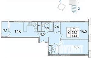 2-к квартира, сданный дом, 64м2, 6/17 этаж