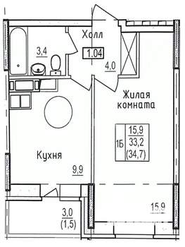 1-к квартира, вторичка, 34м2, 2/17 этаж