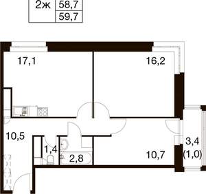 2-к квартира, вторичка, 60м2, 6/17 этаж