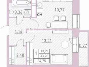 1-к квартира, вторичка, 34м2, 14/17 этаж