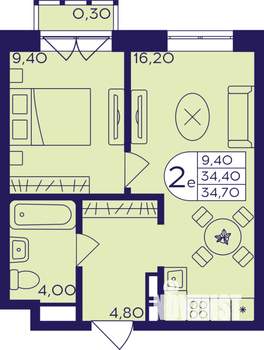 2-к квартира, строящийся дом, 35м2, 3/17 этаж
