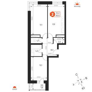 2-к квартира, строящийся дом, 66м2, 13/17 этаж