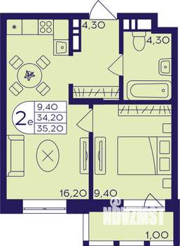 2-к квартира, строящийся дом, 35м2, 12/17 этаж