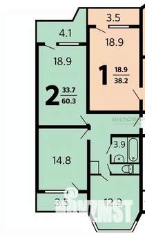 2-к квартира, вторичка, 60м2, 4/17 этаж