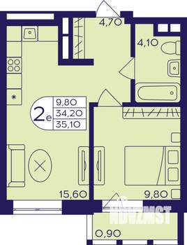 2-к квартира, строящийся дом, 35м2, 8/22 этаж