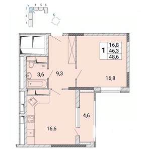 1-к квартира, сданный дом, 49м2, 14/17 этаж
